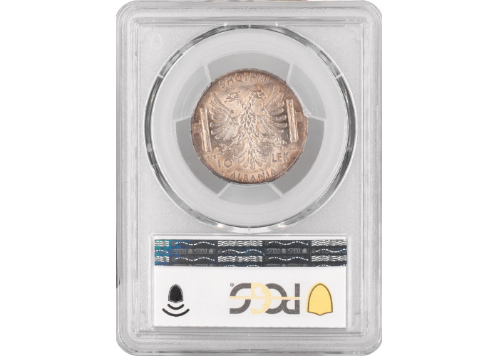 Albania 10 leke 1939 R, PCGS AU58, "Italian occupation (1939 - 1943)" silver