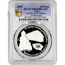 Cuba 10 pesos 2005, PCGS PR69 DCAM, "Ibero-America - Muralla de la Habana" silver coin