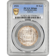 Czechoslovakia 10 korun 1931, PCGS MS66, "First Republic (1919 - 1938)" Top Pop