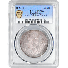 Papal States 1/2 scudo 1823 B, PCGS MS62, "Bartolomeo Pacca (Sede Vacante)"