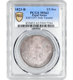 Papal States 1/2 scudo 1823 B, PCGS MS62, "Bartolomeo Pacca (Sede Vacante)"