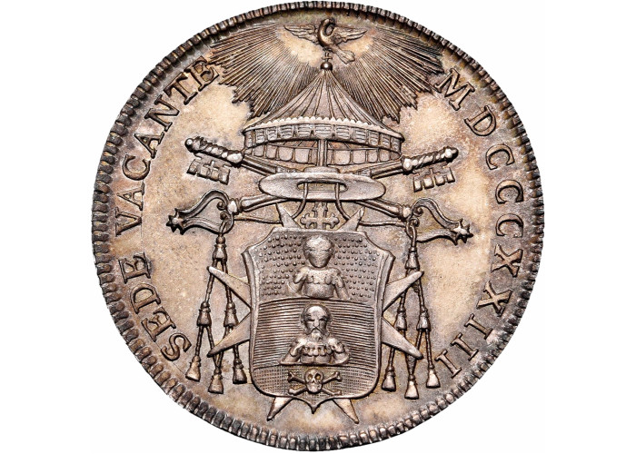 Papal States 1/2 scudo 1823 B, PCGS MS62, "Bartolomeo Pacca (Sede Vacante)"