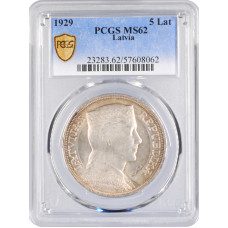 Latvia 5 lati 1929, PCGS MS62, "First Republic (1922 - 1940)" silver coin