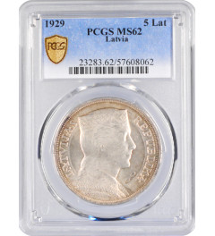 Latvia 5 lati 1929, PCGS MS62, "First Republic (1922 - 1940)" silver coin