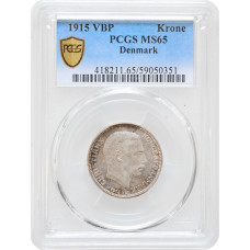 Дания 1 крона 1915 г. VBP, PCGS MS65, "Король Кристиан X (1912 - 1947)"