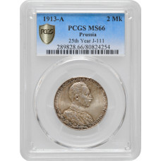 Пруссия 2 марки 1913 г. A, PCGS MS66, "25 лет правлению Вильгельма II"