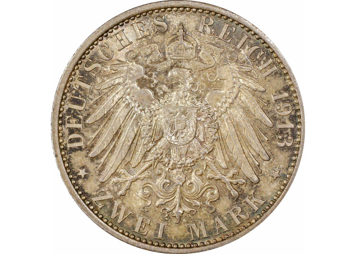 Пруссия 2 марки 1913 г. A, PCGS MS66, "25 лет правлению Вильгельма II"