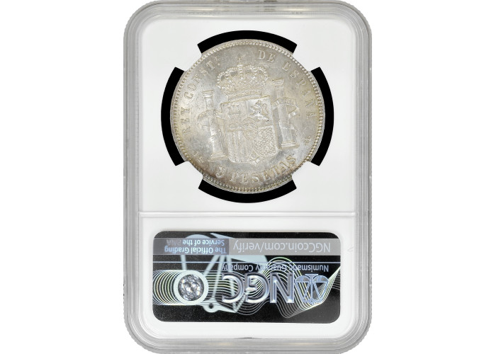 Spanien 5 Peseten 1891 PGM, NGC MS62, "König Alfonso XIII (1886 - 1931)"
