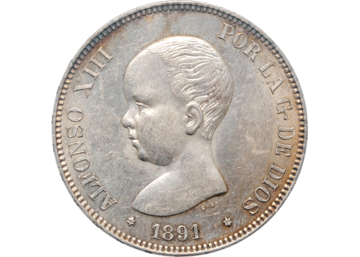 Spanien 5 Peseten 1891 PGM, NGC MS62, "König Alfonso XIII (1886 - 1931)"