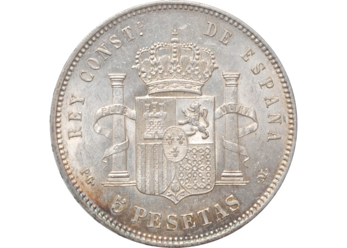 Spanien 5 Peseten 1891 PGM, NGC MS62, "König Alfonso XIII (1886 - 1931)"