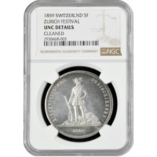 Switzerland 5 francs 1859, NGC UNC Det., "Zurich Shooting Festival" silver coin
