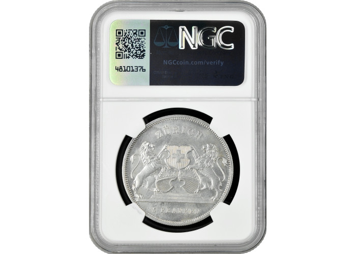Switzerland 5 francs 1859, NGC UNC Det., "Zurich Shooting Festival" silver coin