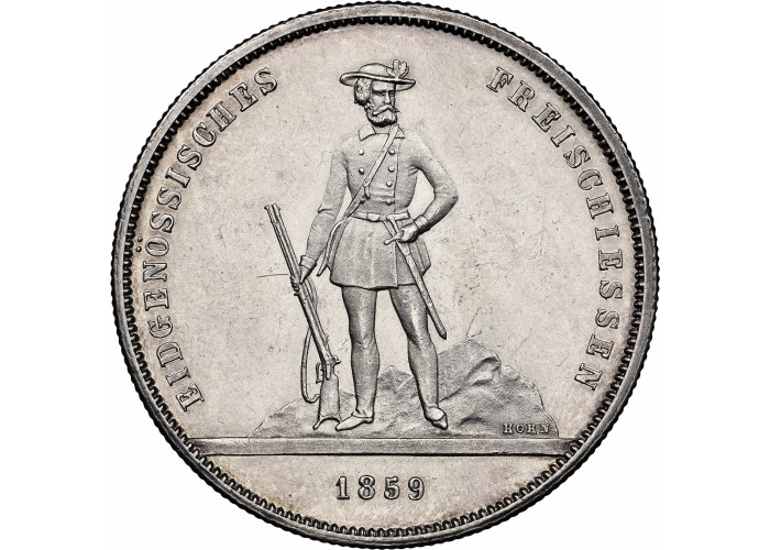Switzerland 5 francs 1859, NGC UNC Det., "Zurich Shooting Festival" silver coin