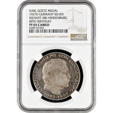 Weimar Republic K. Goetz Medal 1927 D, NGC PF65 CAM, "Hindenburg 80th Birthday"