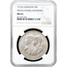 Mecklenburg-Schwerin 5 Mark 1915 A, NGC MS63, "Großherzog von Mecklenburg"