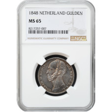 Netherlands 1 gulden 1848, NGC MS65, "King William II (1840 - 1849)" silver coin