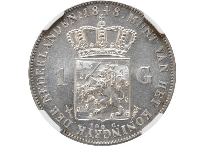 Netherlands 1 gulden 1848, NGC MS65, "King William II (1840 - 1849)" silver coin
