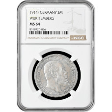 Wurttemberg 3 mark 1914 F, NGC MS64, "King William II (1891 - 1918)" silver coin