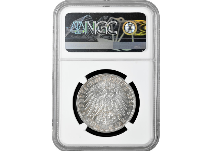 Wurttemberg 3 mark 1914 F, NGC MS64, "King William II (1891 - 1918)" silver coin