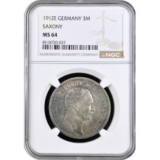 Saxony 3 mark 1912 E, NGC MS64, "Friedrich August III (1904 - 1918)" silver coin