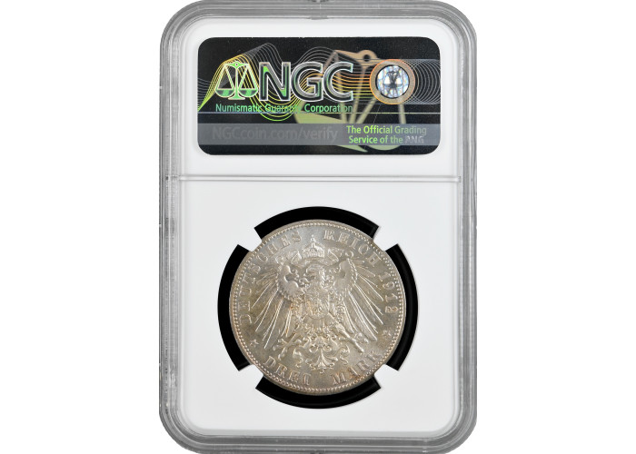 Saxony 3 mark 1912 E, NGC MS64, "Friedrich August III (1904 - 1918)" silver coin