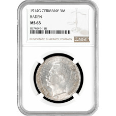 Baden 3 mark 1914 G, NGC MS63, "Grand Duke Friedrich II (1907 - 1918)"