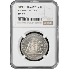 Bremen 1 thaler 1871 B, NGC MS62, "Victory Over France" silver coin