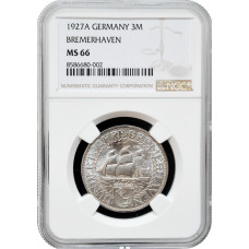 Weimar Republic 3 reichsmark 1927 A, NGC MS66, "100th Anniv. of Bremerhaven"