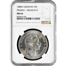 Пруссия 5 марок 1888 г. A, NGC MS63, "Король Вильгельм II (1888 - 1918)"
