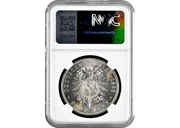 Пруссия 5 марок 1888 г. A, NGC MS63, "Король Вильгельм II (1888 - 1918)"