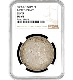 Belgium 5 francs 1880, NGC MS63, "50th Anniversary - Independence" silver coin