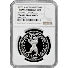 Швейцария 50 франков 1986 г., NGC PF69 UC, "Стрелковый фестиваль в Аппенцелле"