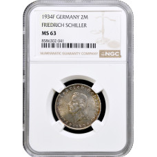 Germany - Third Reich 2 reichsmark 1934 F, NGC MS63, "Friedrich Schiller" silver