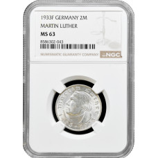 Germany - Third Reich 2 reichsmark 1933 F, NGC MS63, "450th An. - Martin Luther"