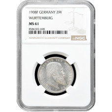 Wurttemberg 2 mark 1908 F, NGC MS61, "King William II (1891 - 1918)"