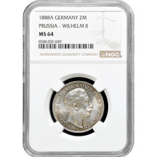 Пруссия 2 марки 1888 г. A, NGC MS64, "Король Вильгельм II (1888 - 1918)"