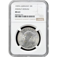 Anhalt-Dessau 3 mark 1909 A, NGC MS63, "Duke Frederick II (1904 - 1918)"