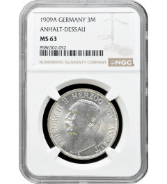 Anhalt-Dessau 3 mark 1909 A, NGC MS63, "Duke Frederick II (1904 - 1918)"