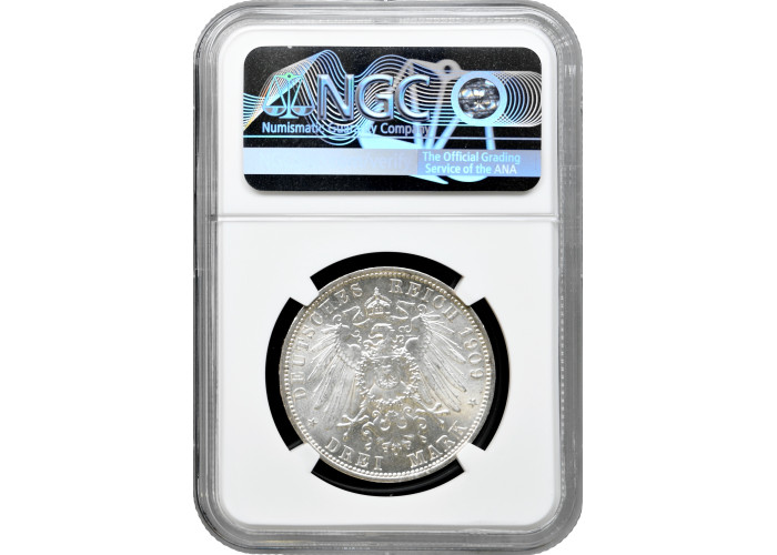Anhalt-Dessau 3 mark 1909 A, NGC MS63, "Duke Frederick II (1904 - 1918)"