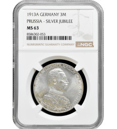 Prussia 3 mark 1913 A, NGC MS63, "25th Anniv. - Accession of Wilhelm II"