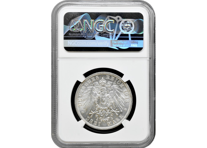 Prussia 3 mark 1913 A, NGC MS63, "25th Anniv. - Accession of Wilhelm II"