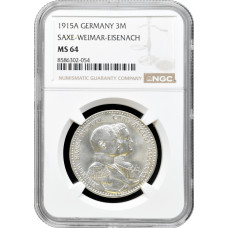 Sachsen-Weimar-Eisenach 3 Mark 1915 A, NGC MS64, "100 Jahre Großherzogtum"