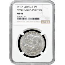 Mecklenburg-Schwerin 3 Mark 1915 A, NGC MS63, "Großherzog von Mecklenburg"