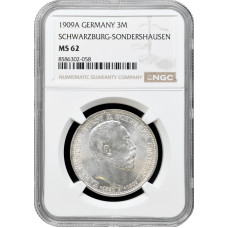Schwarzburg-Sondershausen 3 mark 1909 A, NGC MS62, "Death of Charles Gonthier"