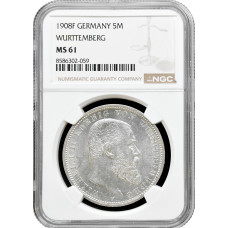 Wurttemberg 5 mark 1908 F, NGC MS61, "King William II (1891 - 1918)" silver coin