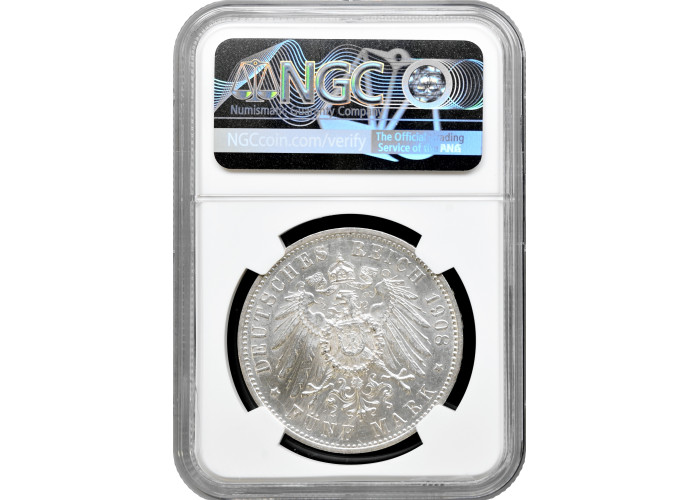 Wurttemberg 5 mark 1908 F, NGC MS61, "King William II (1891 - 1918)" silver coin