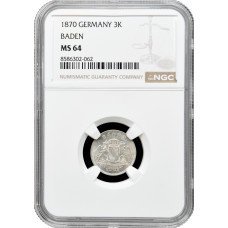 Baden 3 kreuzer 1870, NGC MS64, "Grand Duke Frederick I (1856 - 1907)"