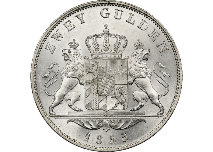 Bavaria 2 gulden 1855/4, NGC MS62, "King Maximilian II (1848 - 1864)"Top Pop 1/0