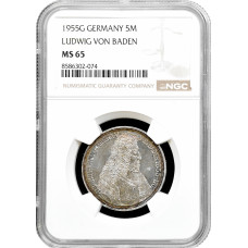 Deutschland - BRD 5 Mark 1955 G, NGC MS65, "Ludwig Wilhelm von Baden-Baden"