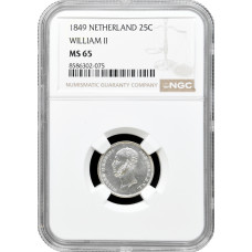 Netherlands 25 cents 1849, NGC MS65, "King William II (1840 - 1849)" Pop 2/1